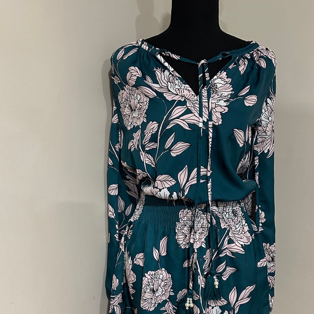 *BOSTON PROPER* Teal Floral Tie-Neck Long Sleeve Dress Size XS - Picture 2 of 6